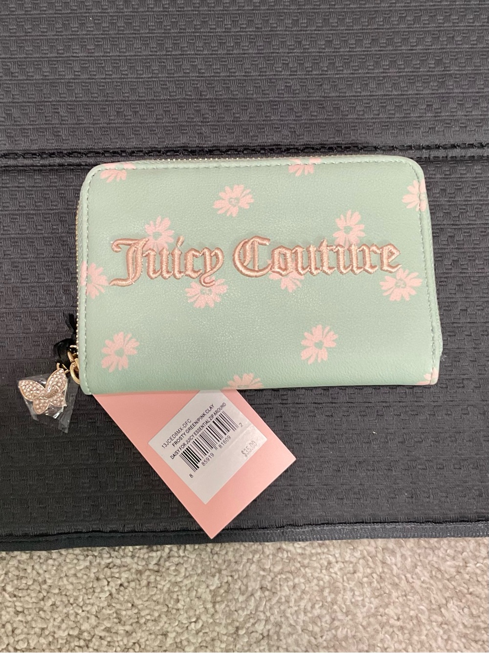 Juicy Couture Mint Wallet with Pink Daisy Embroidery